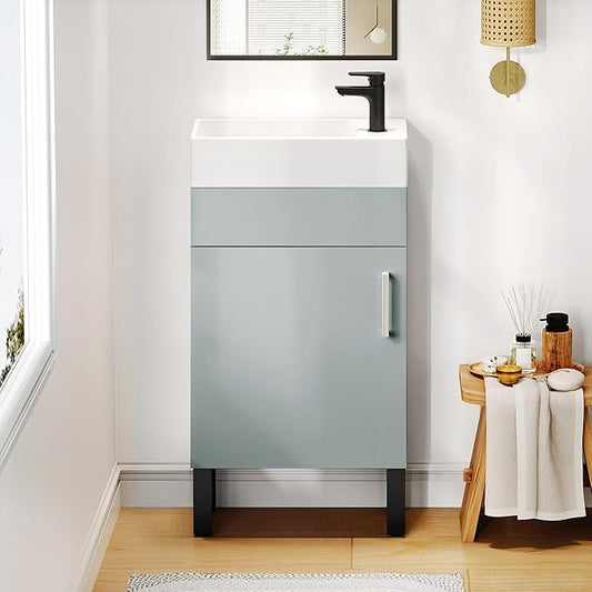 YITAHOME 16 Inch Bathroom Vanity with Sink, Bathroom Cabinet Vanity for Small Space, Freestanding Storage Bathroom Vanity with 1 Soft Closing Cabinet, Grey