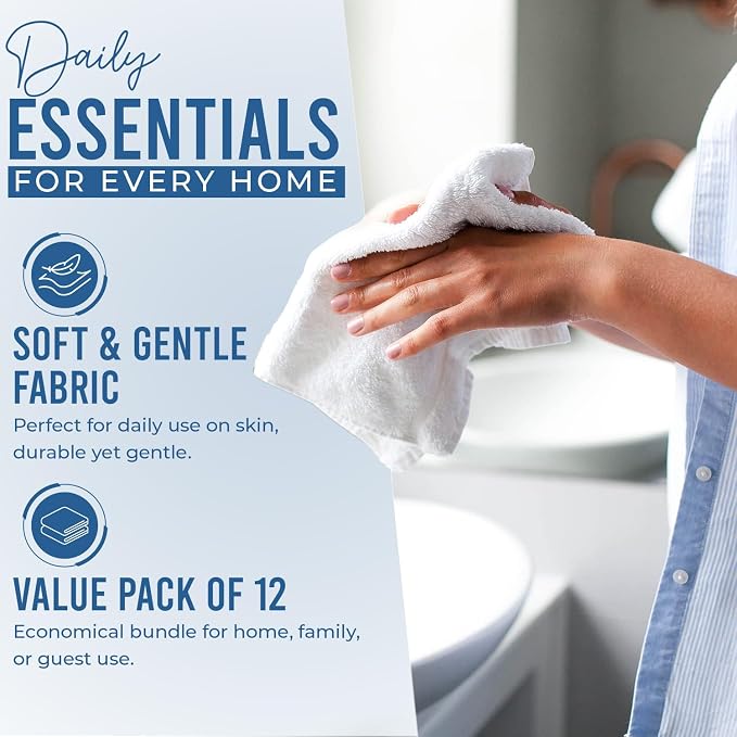 DAN RIVER 12 Pack Cotton Wash Cloths Set for Showering [12x12] White | Lighter Weight, Quick to Dry, Super Soft & Absorbent Face Towels, Hotel Quality, Perfect for Bathroom, Gym, Spa