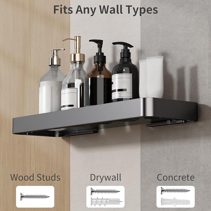 16-Inch Wall Shelf, Clear Tempered Glass with Matte Black Aluminum Frame – Sleek Floating Bathroom Organizer