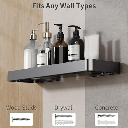 16-Inch Wall Shelf, Clear Tempered Glass with Matte Black Aluminum Frame – Sleek Floating Bathroom Organizer