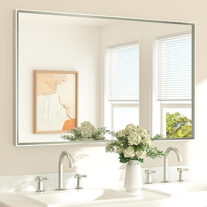 Brushed Nickel Bathroom Mirror 48" x 30" Beveled Frame Rectangle Bathroom Vanity Wall Mirror for Over Sink, Tempered Glass, Stronger Frame, Modern Farmhouse Bedroom, Entryway, Living Room
