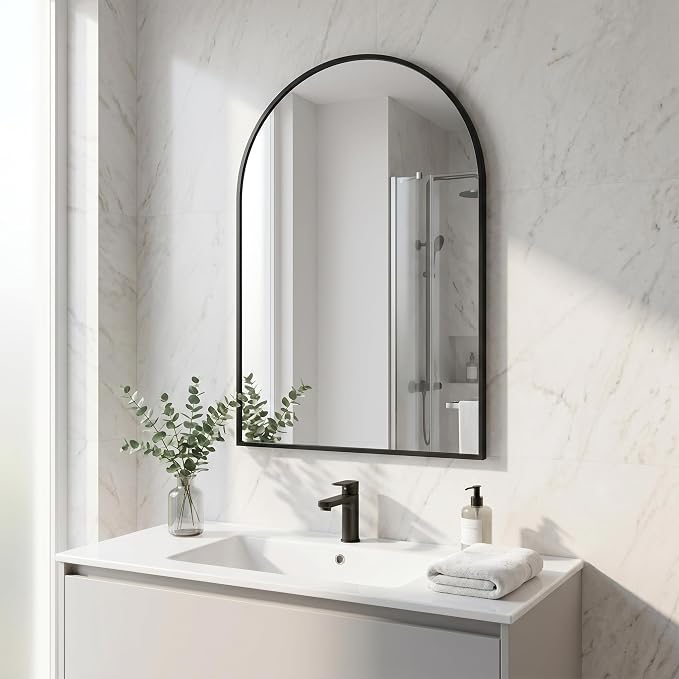 BEAUTYPEAK 28"x20" Arch Bathroom Wall Mirror, Black | Wall Mounted Vanity Metal Frame Mirror for Bedroom, Entryway, Living Room, Fireplace