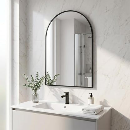 BEAUTYPEAK 28"x20" Arch Bathroom Wall Mirror, Black | Wall Mounted Vanity Metal Frame Mirror for Bedroom, Entryway, Living Room, Fireplace