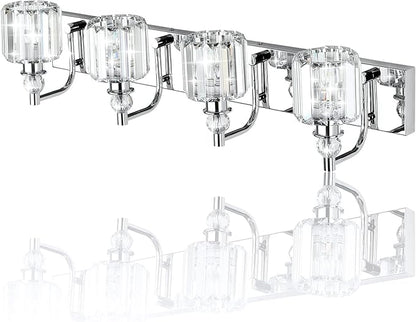 Ralbay Crystal Bathroom Vanity Light - 4 Light Modern Crystal Bathroom Lights Fixtures Over Mirror, Stainless Steel Chrome Vanity Light for Wall Lights Fixtures