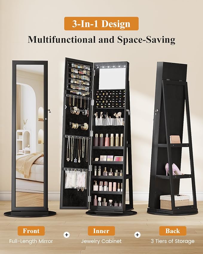 LVSOMT LED Jewelry Cabinet Standing, 360° Swivel Jewelry Armoire, Black | Full Length Mirror with Storage, 3 Rear Shelves, Internal Mirror, 3 Color Lights, Lockable for Bedroom, Women Girls Gift
