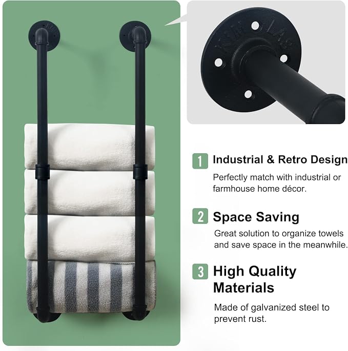 HouseAid Industrial Pipe Towel Rack, Farmhouse Bathroom Towel Storage Holder, Vintage Style Towel Organization, Wall Mounted, Matte Black
