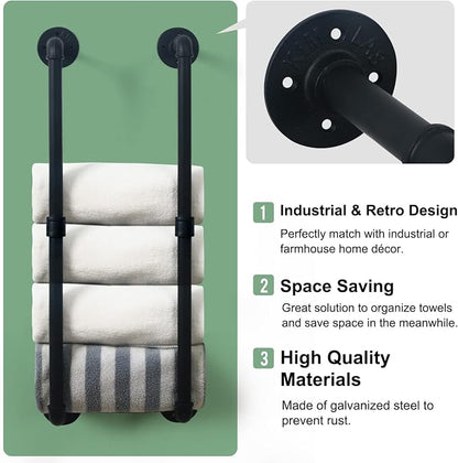 HouseAid Industrial Pipe Towel Rack, Farmhouse Bathroom Towel Storage Holder, Vintage Style Towel Organization, Wall Mounted, Matte Black
