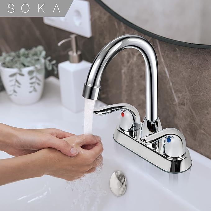 SOKA Two Handles Centerset Bathroom Faucet for Sink High Arc Stainless Steel with Deck Plate & Pop-Up Drain Assembly Fit 3 Hole Installation, Chrome (SK18001C)