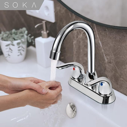 SOKA Two Handles Centerset Bathroom Faucet for Sink High Arc Stainless Steel with Deck Plate & Pop-Up Drain Assembly Fit 3 Hole Installation, Chrome (SK18001C)