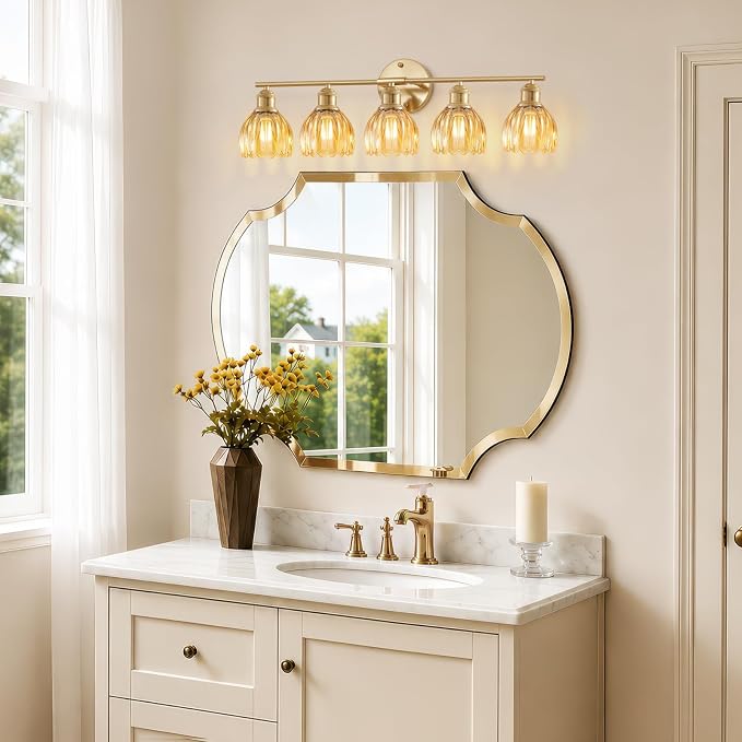 Bathroom Light Fixtures, 5-Light Brushed Gold Vanity Lights for Bathroom with Amber Tulip Glass Shade, 30" Vintage Bathroom Vanity Lighting Fixtures Over Mirror for Bedroom Living Room Hallway