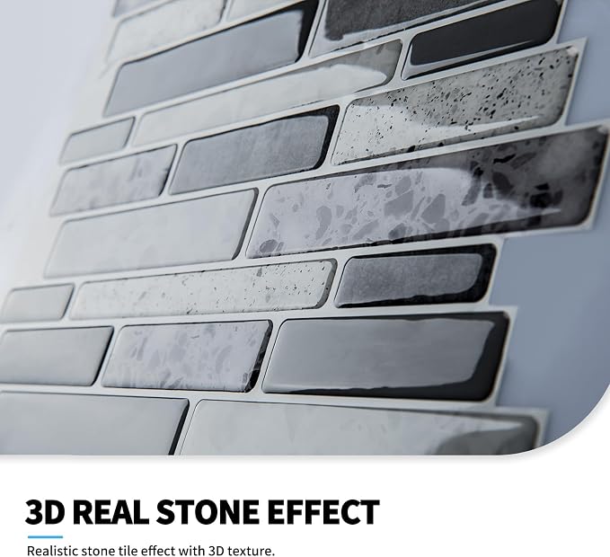 Art3d Stone Peel and Stick Backsplash, 10-Sheet, 12" x 12", Grey Marble | Lightweight, Self Adhesive, Moisture Resistant, Easy to DIY, Modern Style, for Kitchen, Bedroom, Ideal for New Home Buyers