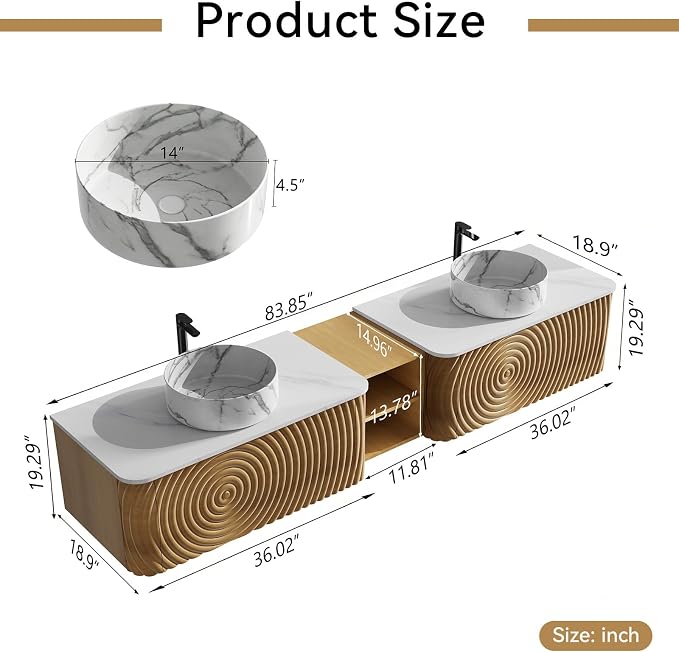 84" Floating Bathroom Vanity with Double Sink, Mid-Century Wall Mounted Bathroom Vanity Cabinet with Wood Waved Decor, Marble Ceramic Basin, Sintered Stone Top, Soft Close Drawer, Side Open Cube