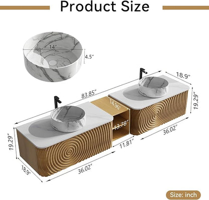 84" Floating Bathroom Vanity with Double Sink, Mid-Century Wall Mounted Bathroom Vanity Cabinet with Wood Waved Decor, Marble Ceramic Basin, Sintered Stone Top, Soft Close Drawer, Side Open Cube