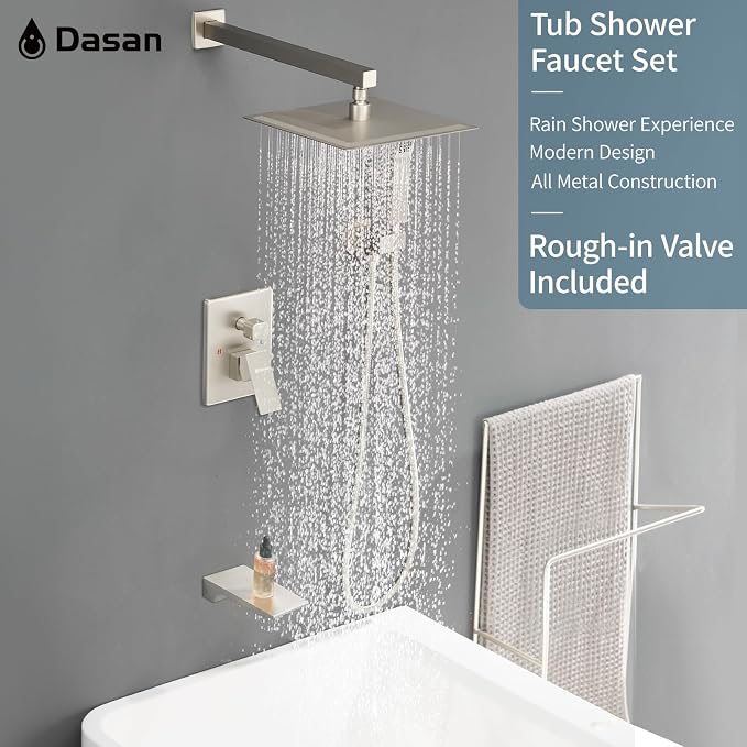 DASAN Tub Shower Faucets Sets Complete Brushed Nickel Bathtub Shower System with Waterfall Tub Spout, Bathtub Faucet Set Tub and Shower Faucet Combo Trim Kit with Valve, DA-SS04BN-S10W