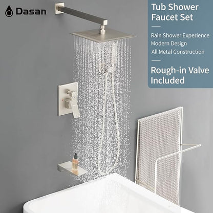 DASAN Tub Shower Faucets Sets Complete Brushed Nickel Bathtub Shower System with Waterfall Tub Spout, Bathtub Faucet Set Tub and Shower Faucet Combo Trim Kit with Valve, DA-SS04BN-S10W