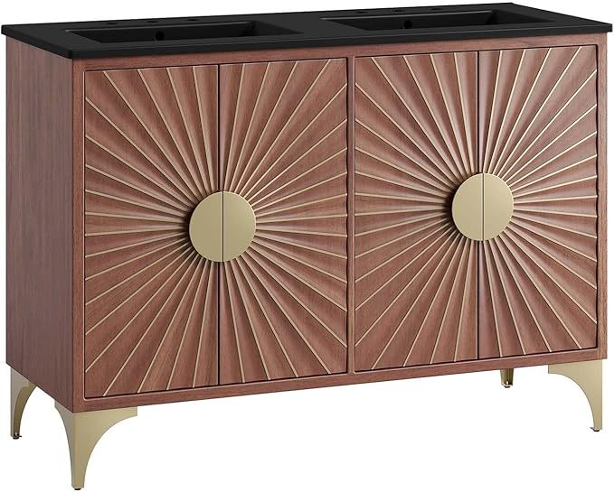 Modway Daylight Bathroom Vanity Cabinet with Ceramic Basin, 48" Double Sink, Black Walnut