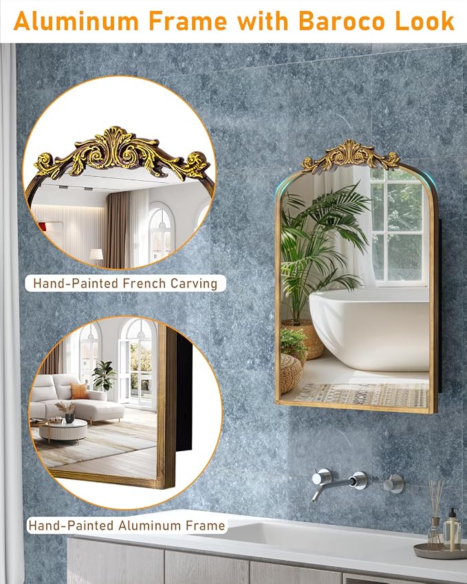 16x24 Inch Bronze Medicine Cabinet Mirror with Hand-Made Vintage Carving Flower and Aluminum Frame, Full Metal Cabinet, Recessed & Surface Mount, 2 Shelves, Arched Mirror with Storage for Bathroom