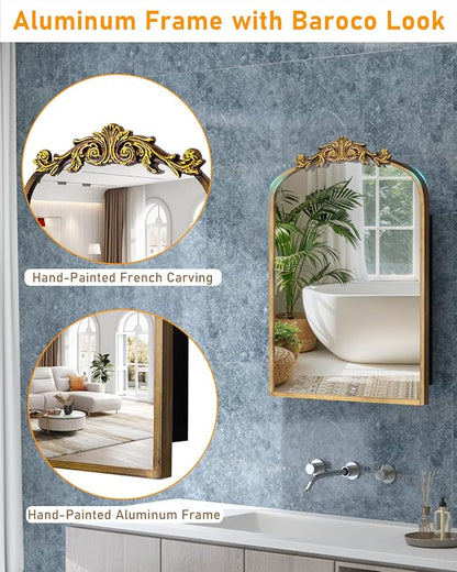 16x24 Inch Bronze Medicine Cabinet Mirror with Hand-Made Vintage Carving Flower and Aluminum Frame, Full Metal Cabinet, Recessed & Surface Mount, 2 Shelves, Arched Mirror with Storage for Bathroom