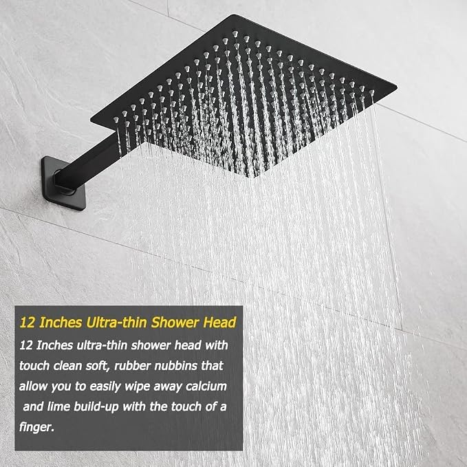 Matte Black Shower System 12 Inches Bathroom Luxury Rain Shower Head with Handheld Combo Set Wall Mounted High Pressure Rainfall Shower Head System Shower Faucet with Valve and Trim Kit
