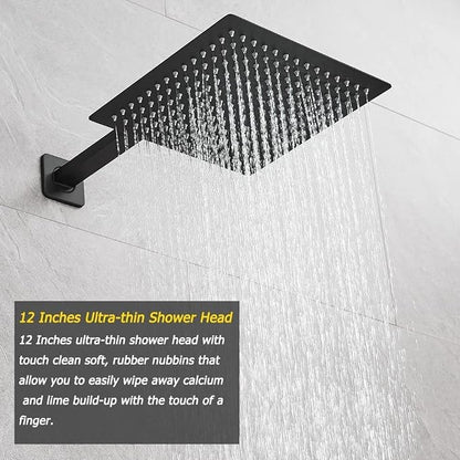 Matte Black Shower System 12 Inches Bathroom Luxury Rain Shower Head with Handheld Combo Set Wall Mounted High Pressure Rainfall Shower Head System Shower Faucet with Valve and Trim Kit