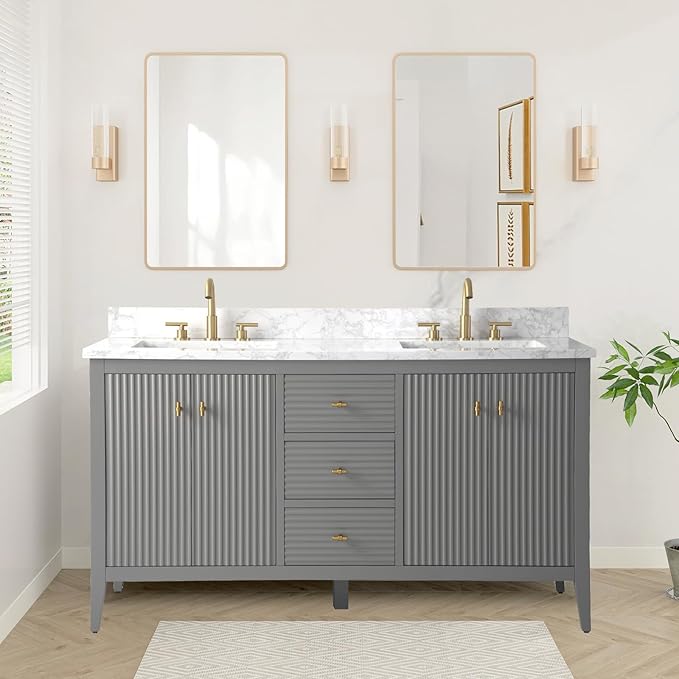HOMEBEYOND 60" Bathroom Vanity with Double Sink, Solid Wood Bathroom Vanity Free-Standing Cabinet, Ceramic Top & Soft Closing Door, Golden Brushed Handware, Cashmere Gray