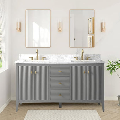 HOMEBEYOND 60" Bathroom Vanity with Double Sink, Solid Wood Bathroom Vanity Free-Standing Cabinet, Ceramic Top & Soft Closing Door, Golden Brushed Handware, Cashmere Gray