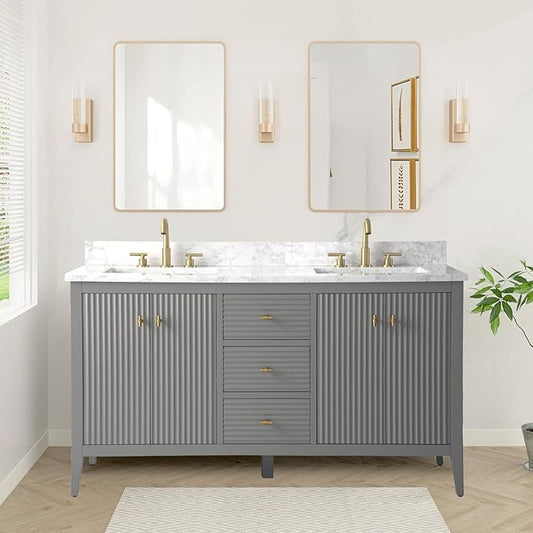 HOMEBEYOND 60" Bathroom Vanity with Double Sink, Solid Wood Bathroom Vanity Free-Standing Cabinet, Ceramic Top & Soft Closing Door, Golden Brushed Handware, Cashmere Gray
