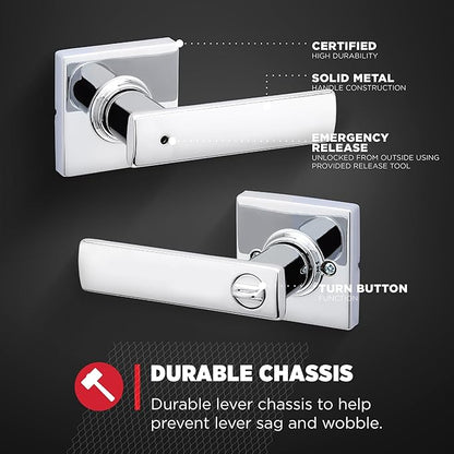 Kwikset Breton Interior Privacy Door Handle with Lock, Door Lever For Bathroom and Bedroom, Polished Chrome Reversible Keyless Turn Lock