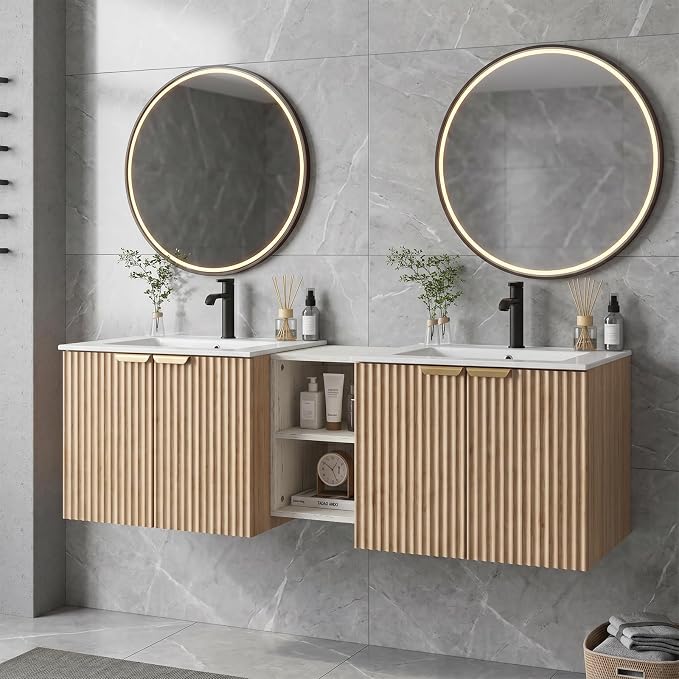 60 Inch Floating Bathroom Vanity with Double Sink, Bathroom Double Sink Cabinet with Soft Close Door Waterproof Storage, Wood Color(wt)