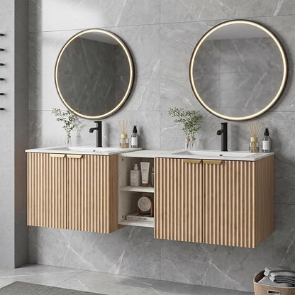 60 Inch Floating Bathroom Vanity with Double Sink, Bathroom Double Sink Cabinet with Soft Close Door Waterproof Storage, Wood Color(wt)
