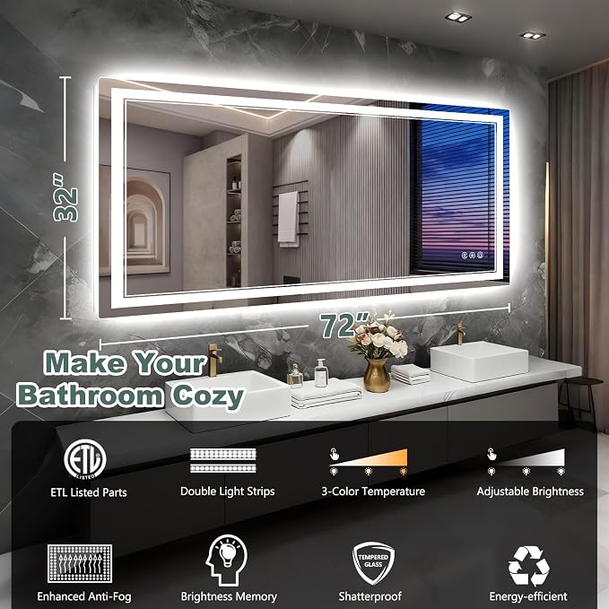 72x32 Inch LED Bathroom Mirror with Lights, 3 Colors Dimmable LED Vanity Mirror, Front and Back Lit, Anti-Fog, Memory Function, Shatterproof Tempered Glass, ETL Listed, Wall Mounted Makeup Mirror