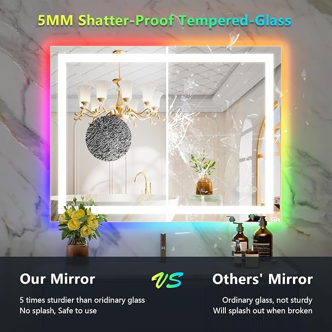 40x30 LED Bathroom Mirror with Lights, RGB Backlit Lighted Mirror | Backlit and Front Light, Anti-Fog, 3 Color Dimmable, Memory, Tempered Glass, IP54 Waterproof, UL Listed