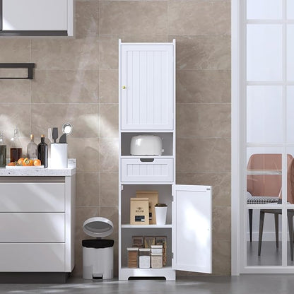 TidyHaven 67” Tall Bathroom Storage Cabinet, Slim Narrow Organizer with Adjustable Shelves, 2 Doors & 1 Drawer, Freestanding Floor Cabinet for Small Spaces, Kitchen, Living Room, White