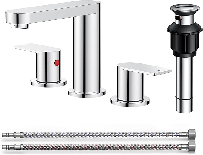 FORIOUS Bathroom Faucets 3 Hole Chrome, 8 Inch Widespread Bathroom Sink Faucet with Pop-up Drain and cUPC Supply Lines for Basin, Vanity, Laundry Room and Restroom