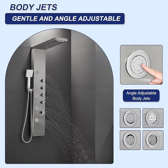 ROVATE 4-in-1 Rainfall Waterfall Shower Panel Tower System, Brushed Finish | Shower Column with Body Massage Jets and Handheld, Stainless Steel High Pressure, Use Multiple Functions Simultaneously