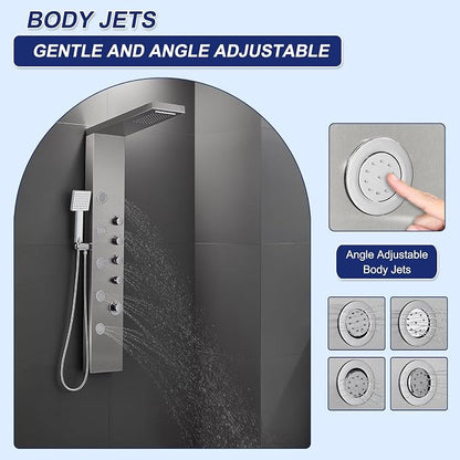 ROVATE 4-in-1 Rainfall Waterfall Shower Panel Tower System, Brushed Finish | Shower Column with Body Massage Jets and Handheld, Stainless Steel High Pressure, Use Multiple Functions Simultaneously