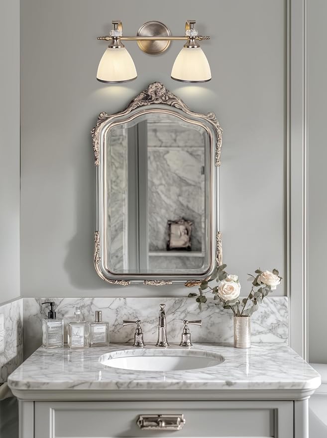 Brushed Nickel Vanity Light, 2-Light Bathroom Light Fixtures with Milky White Bell-Shape Glass Shades, Eye-Friendly Bathroom Wall Lamp for Mirror, Kitchen, Bedroom, Hallway