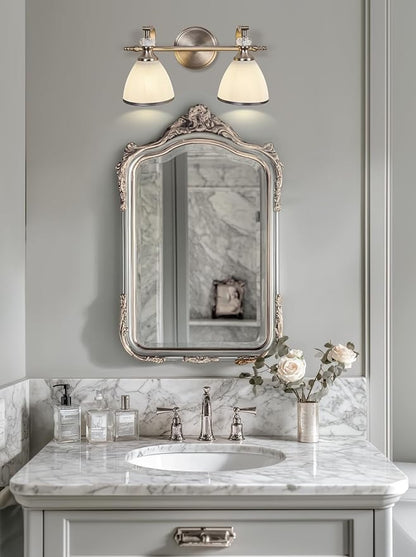 Brushed Nickel Vanity Light, 2-Light Bathroom Light Fixtures with Milky White Bell-Shape Glass Shades, Eye-Friendly Bathroom Wall Lamp for Mirror, Kitchen, Bedroom, Hallway