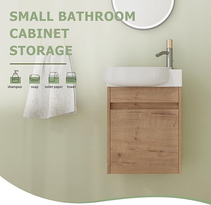 16" Bathroom Vanity with Sink, 16 Inch Floating Bathroom Vanity for Small Space, Modern Bathroom Vanity, Brown Wall Mounted Cabinet Set (029, IMOX.16''W x 12''D)