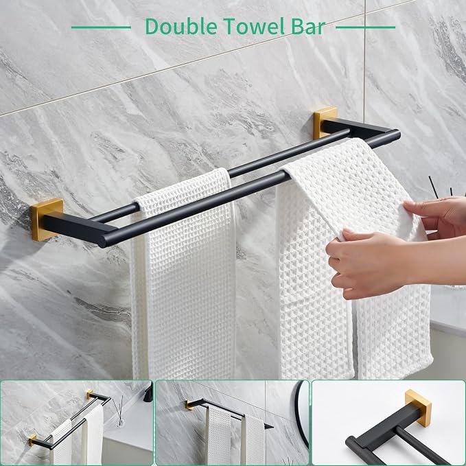Miyili 4-Piece Bathroom Hardware Kit Set Stainless Steel Wall Mount - Includes Double Towel Bar, Hand Towel Rack, Toilet Paper Holder, Robe Hook, Black & Gold, BS02BG4