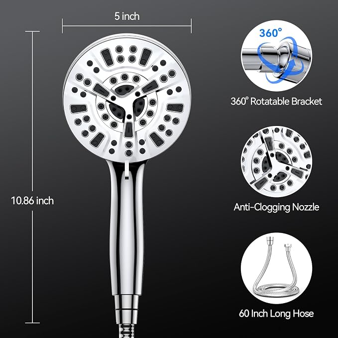 VOXON Magnetic High Pressure Shower Head, 10-Mode Handheld Shower Head, Built-in 2 Power Wash, Adjustable Shower Head with Handheld with Magnetic Docking & 60'' Hose, 2.5 GPM Showerhead with 5'' Face