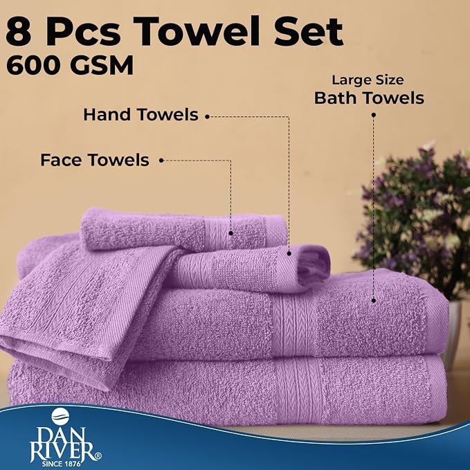 DAN RIVER 8 Piece Luxury Bath Towels for Bathroom, Towel Set, Lavendar | 2 Bath towels, 2 Hand towels, and 4 Wash Cloths, 600 GSM 100% Ring Spun Cotton, Highly Absorbent, Gym, Hotel, guest, and Spa