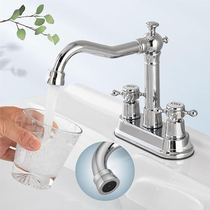 Aolemi 4 Inch Centerset Bathroom Sink Faucet Vintage 2 Cross Handle RV Mixer Tap Basin Vanity Lavatory Utility for Sink 3 Hole Include Hoses Pop Up Drain Faucet Handle with Label Polish Chrome