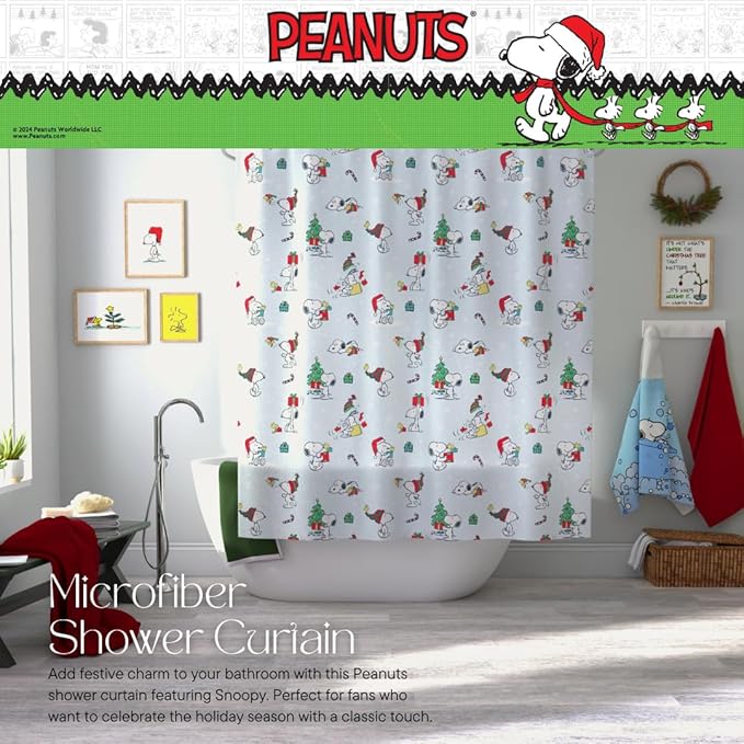 Peanuts Holiday Christmas Bath 13-Piece Shower Curtain Set, 72 x 72 Inch Fabric Curtain with Hooks, Bathroom Decor, Machine Washable, (100% Officially Licensed Product) by Franco Collectibles.