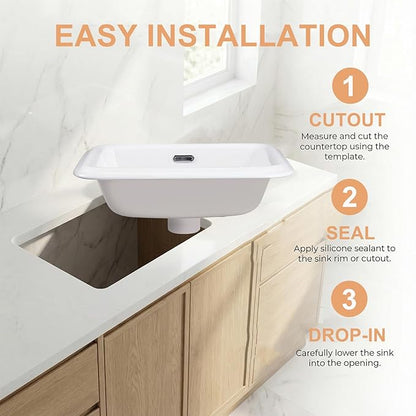 Bathroom Vessel Sink 19 Inch Small Drop In Bathroom Sink Rectangular Semi Recessed Sinks with Overflow White Ceramic Small Vanity Sinks for Tiny Bathrooms