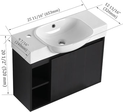 26" Wall Mounted Bathroom Vanity with Sink, Small Vanity, Dark Oak | Integrated Ceramic Sink, Soft-Close Door & 2 Open Storage Shelves, Small Bath Vanity Set, Easy to Clean