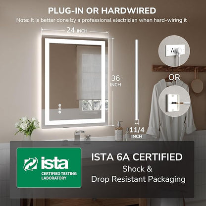 LED Bathroom Mirror 24x36 Inch Tempered Glass - Frameless LED Backlit Lighted Mirror for Bathroom Vanity with Anti-Fog, 3 Colors Dimmable, Memory Function, Wall-Mounted | Tempered Glass - Frameless Backlit Lighted Mirror for Bathroom Vanity with Anti-F...