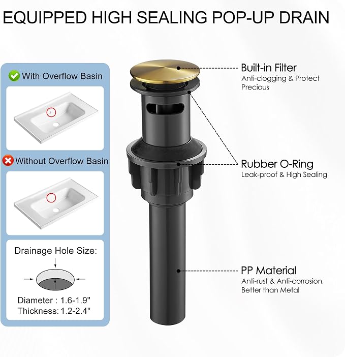 Brushed Gold Bathroom Faucets One Hole, Brass Waterfall Bathroom Sink Faucet 3 Hole 4 Inch With Pop-up Drain, Deck Plate, Pre-Installed cUPC Hose for Farmhouse, Lavatory, 5 Mins Quick Install
