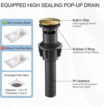 Brushed Gold Bathroom Faucets One Hole, Brass Waterfall Bathroom Sink Faucet 3 Hole 4 Inch With Pop-up Drain, Deck Plate, Pre-Installed cUPC Hose for Farmhouse, Lavatory, 5 Mins Quick Install