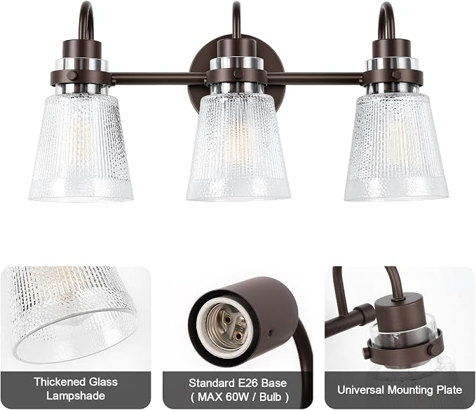 3-Light Bathroom Vanity Light, Farmhouse Bathroom Light Fixture with Clear Striped Glass Shade, 18.8 Inch Oil Rubbed Bronze Wall Sconce Lighting Over Mirror for Bedroom Hallway Cabinet